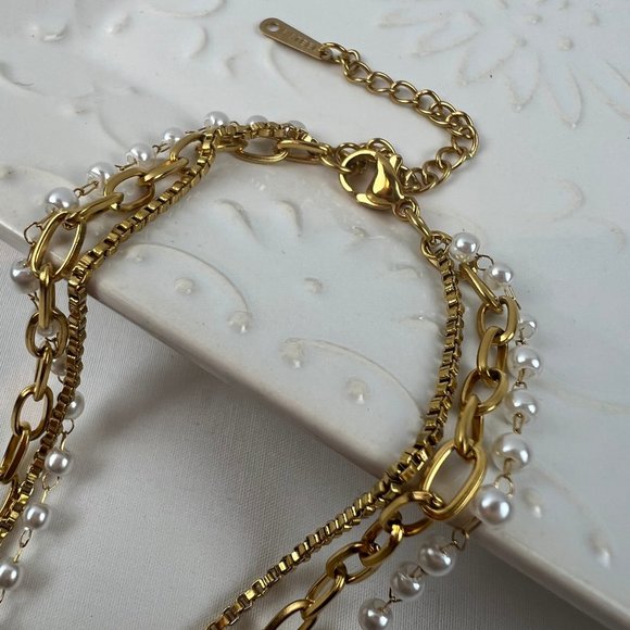 3 Layer Pearl Necklace Three Layer Pearl Necklace Gold Layered Chain Necklace - Picture 9 of 13